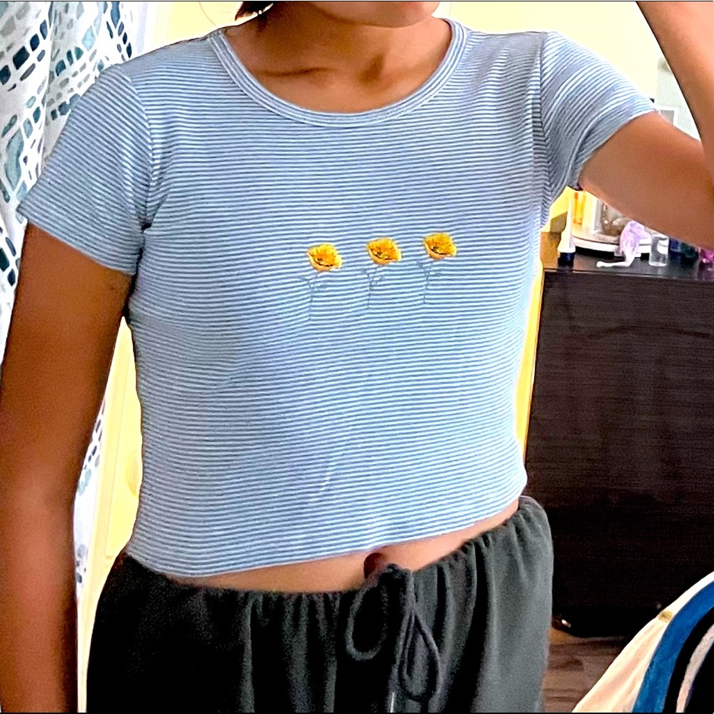 {Brandy Melville} BLUE & WHITE STRIPED CROP TOP W/ YELLOW FLOWERS